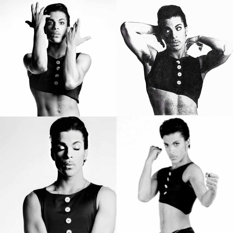 Four black and white portrait photographs of the same shirtless man in various expressive poses wearing a buttoned vest.