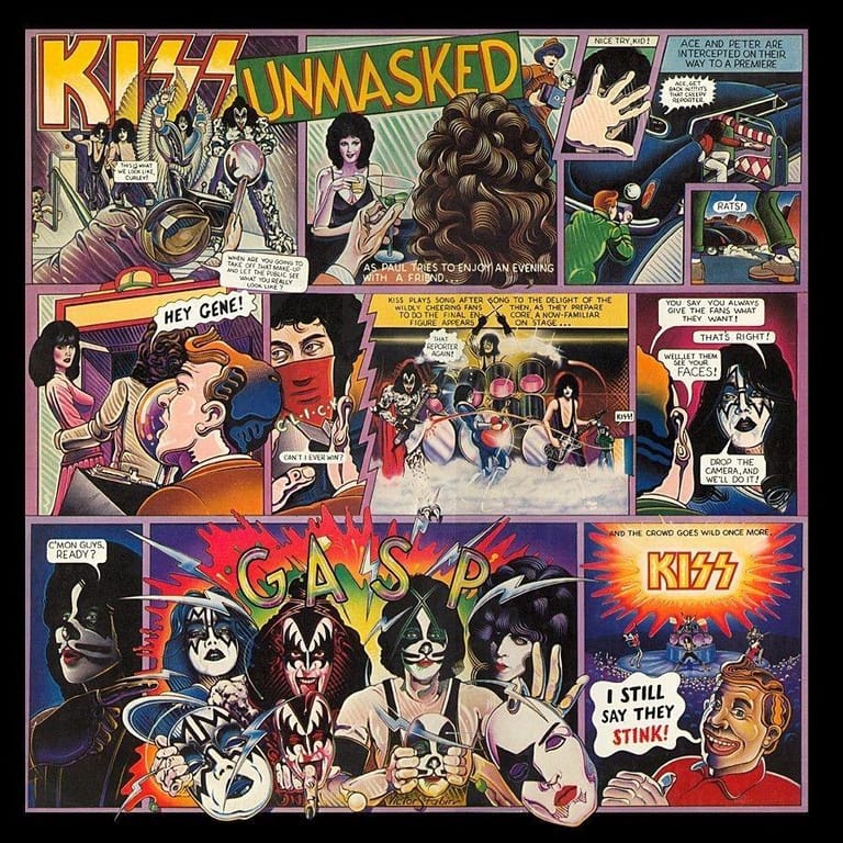 Comic book-style artwork featuring KISS band members in theatrical makeup and costumes across multiple illustrated panels.