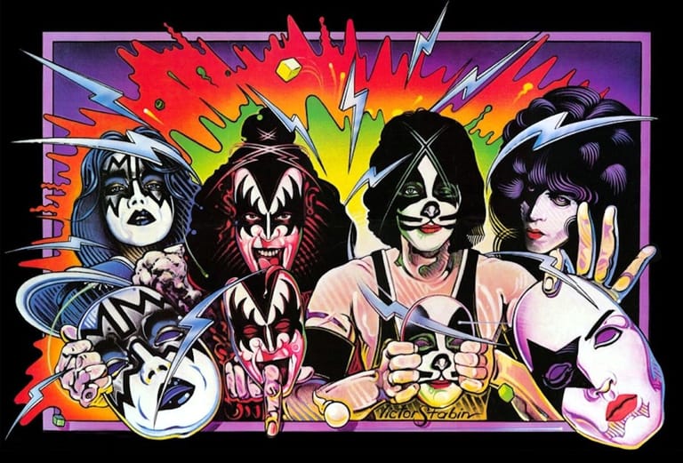 Four musicians in theatrical face paint and costumes pose against a vibrant, explosive rainbow backdrop with purple border.