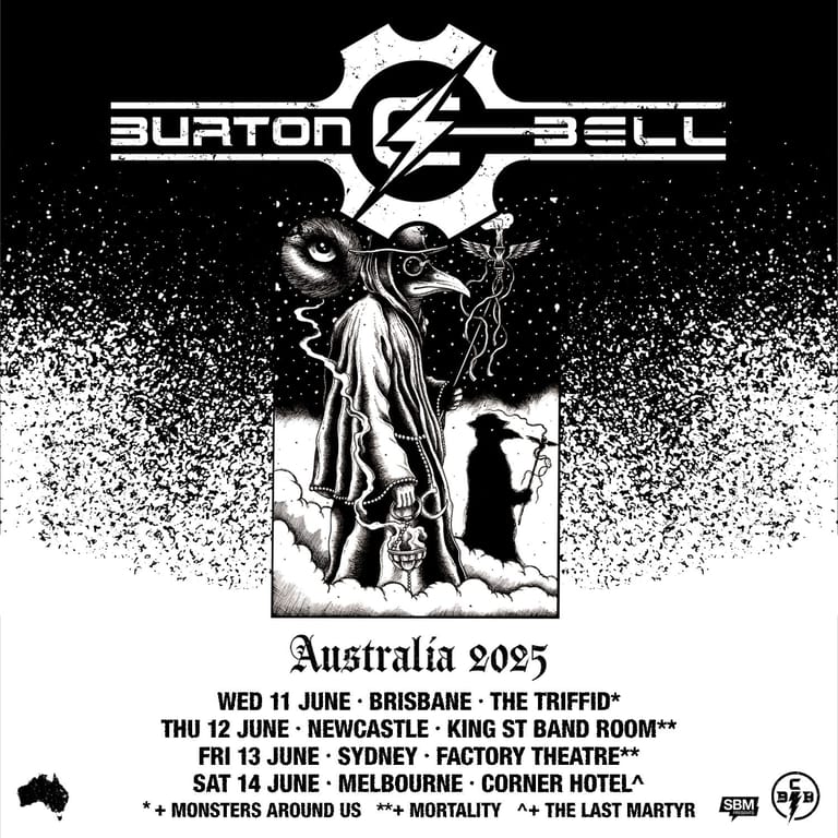 Burton Bell tour poster featuring skeletal figure artwork and Australia 2025 dates across multiple cities.