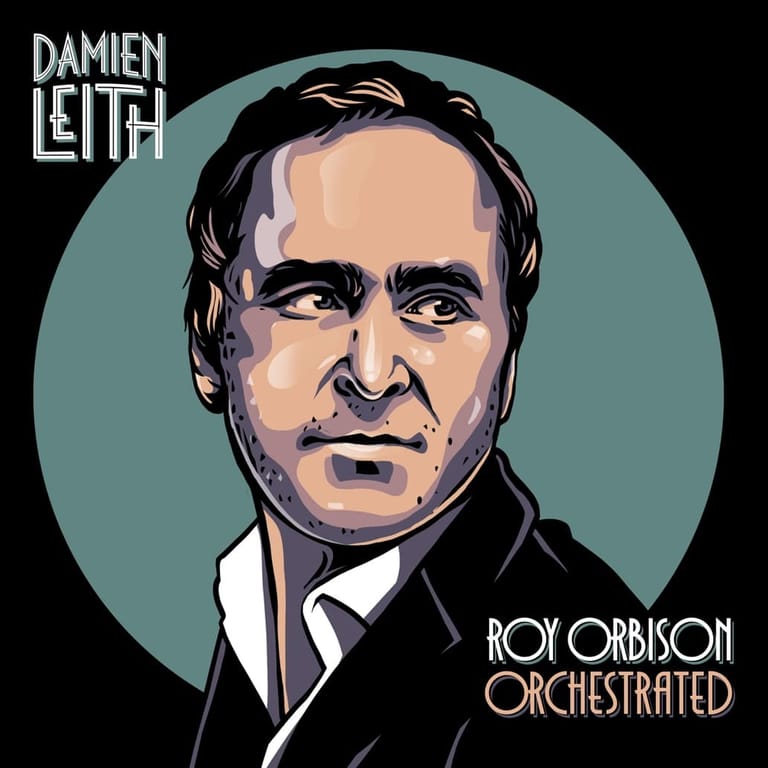 Illustrated portrait of a man in formal attire against a teal circular background, titled Roy Orbison Orchestrated.