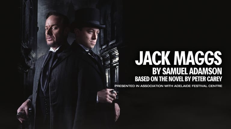 Two men in dark suits and hats stand against a shadowy backdrop with "Jack Maggs" title and credits displayed.