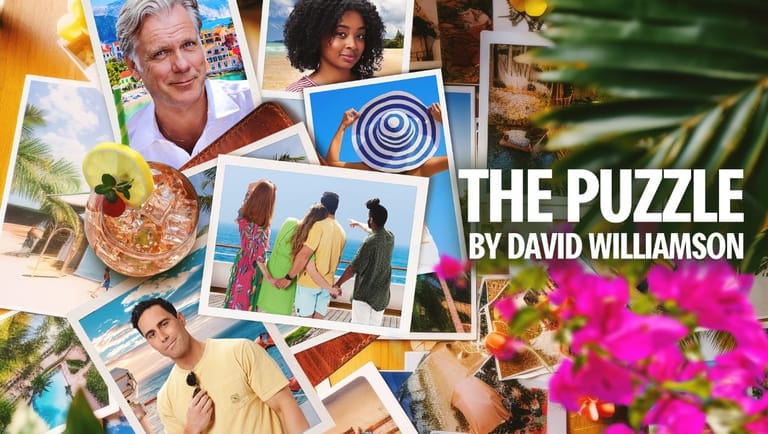 Scattered photographs and images arranged with bright pink flowers and text reading "The Puzzle by David Williamson".