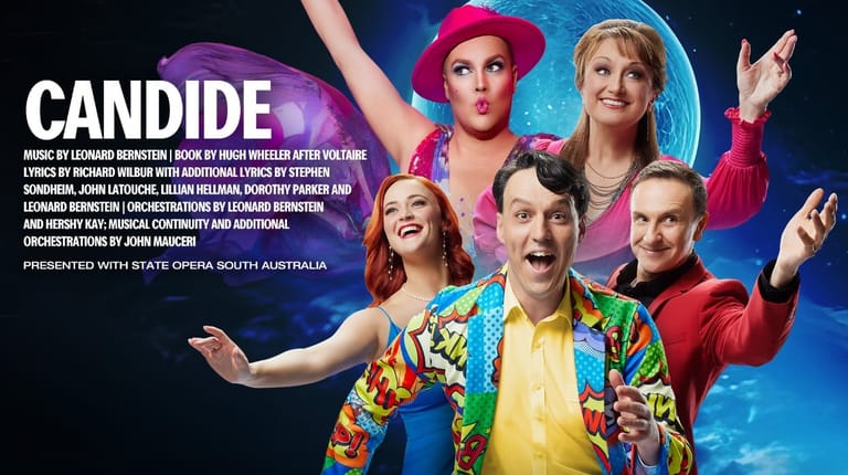 Five performers in vibrant costumes strike expressive poses against a purple and blue backdrop for the musical Candide.