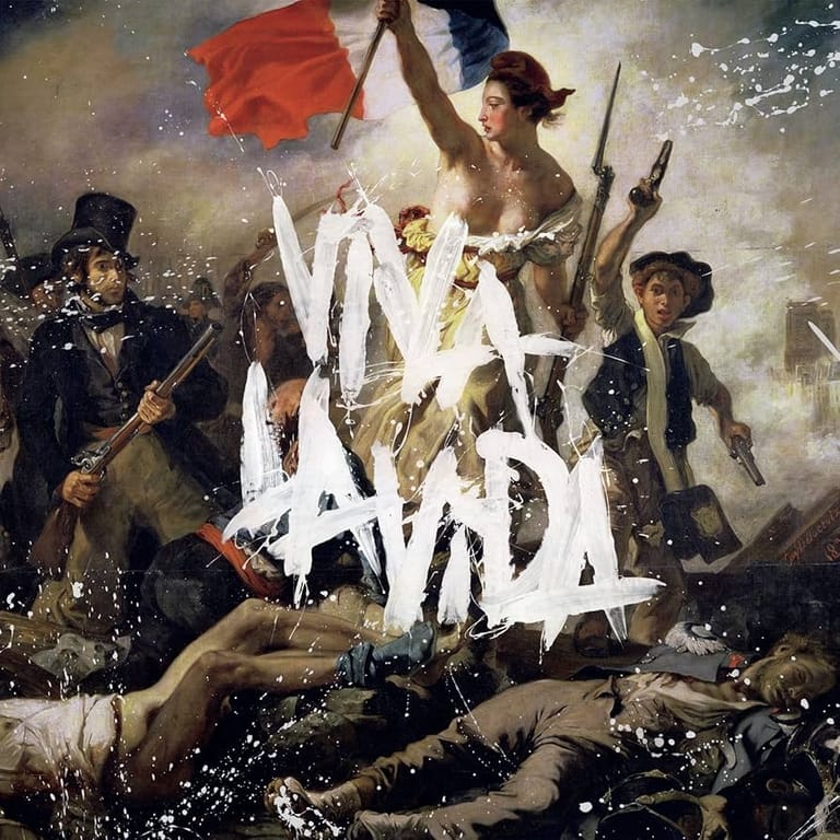 Classical revolutionary artwork with "Viva la Vida" text overlay, figures in period dress wielding weapons and flag.