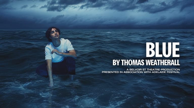 Person wading in dark ocean waters under stormy sky for theatre production Blue.