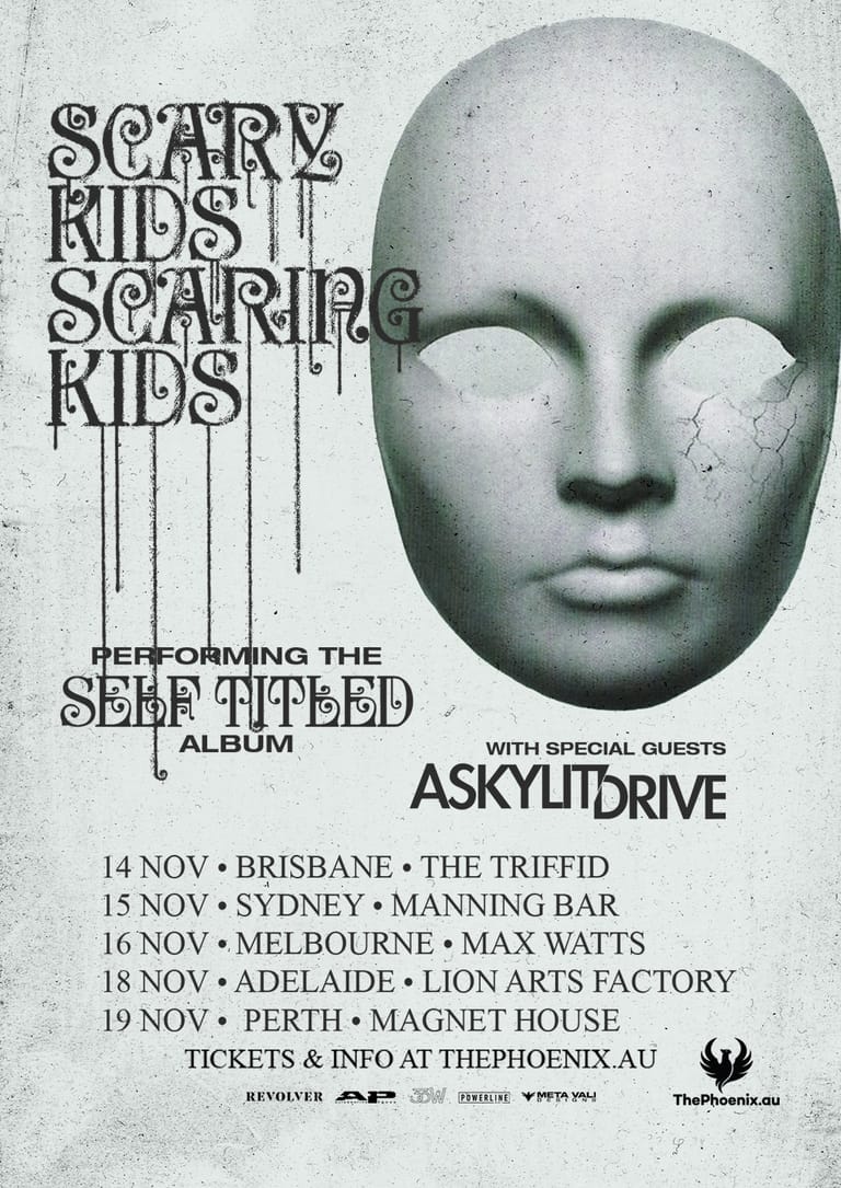 Monochromatic poster featuring a featureless mannequin head with text advertising a tour performing the Self Titled album with special guests Askylitdrive.