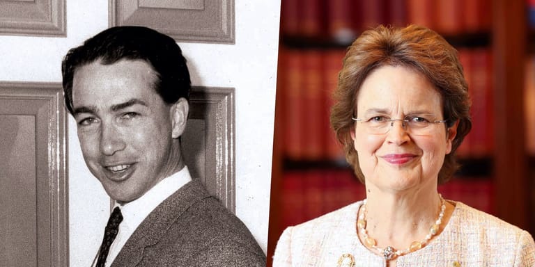 Two portrait photographs side by side showing a man in formal attire from an earlier era and a woman in contemporary dress against a red backdrop.