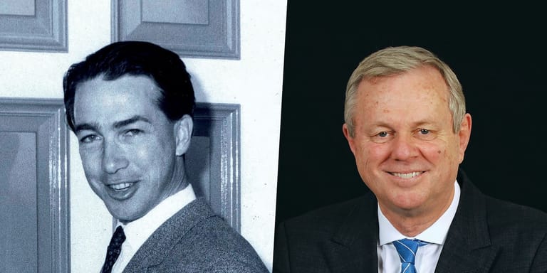 Two portrait photographs side by side showing a man in his youth wearing a suit and tie, and the same man in his later years in professional attire.