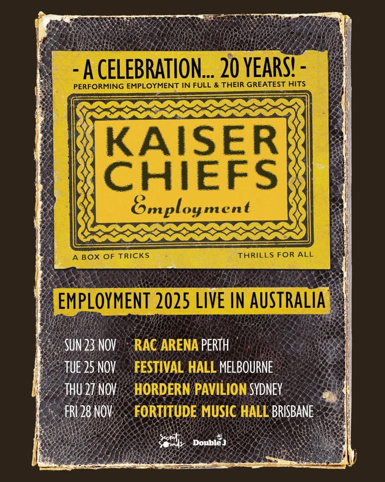 Kaiser Chiefs Employment 20-year celebration tour poster displaying Australian venue dates in November 2025.