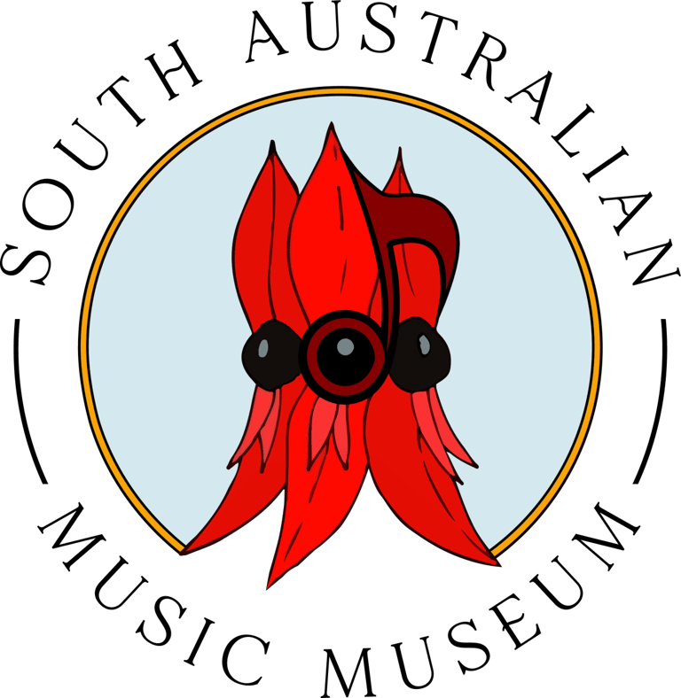 South Australian Music Museum logo featuring a stylised red waratah flower with three black circles on a light blue background.