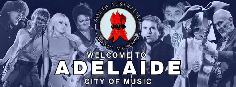 Welcome to Adelaide City of Music" banner featuring a red ribbon logo and collage of musicians performing with instruments.