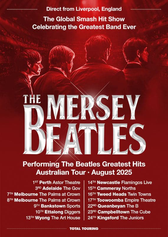 Four musicians in red stage lighting perform as The Mersey Beatles tribute band, showcasing an Australian tour schedule.