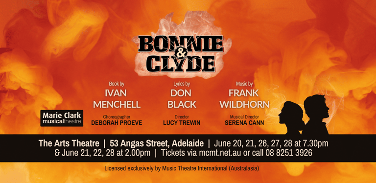 A theatrical promotional poster for Bonnie & Clyde showing silhouettes against an orange and red fiery background.