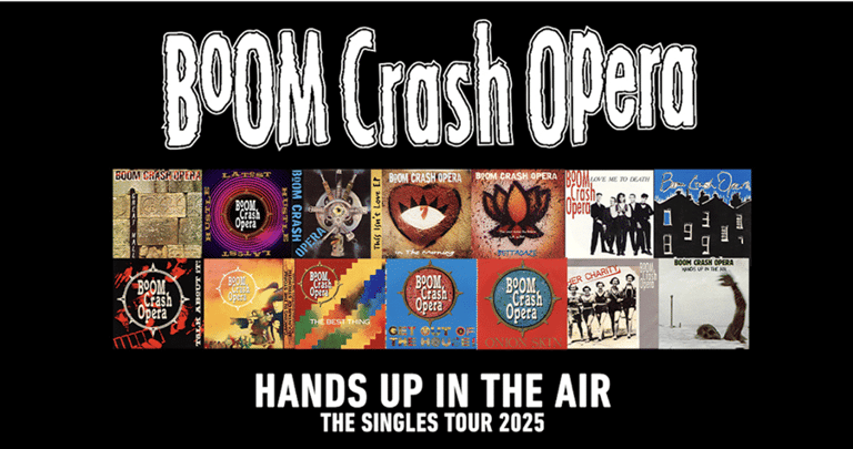 Boom Crash Opera tour promotional graphic featuring album artwork tiles and "Hands Up in the Air: The Singles Tour 2025" text on black background.
