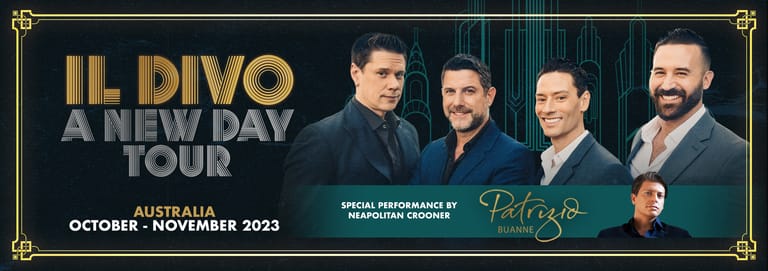 Four men in dark suits stand against a teal background with gold decorative corners and "IL DIVO A NEW DAY TOUR" text.