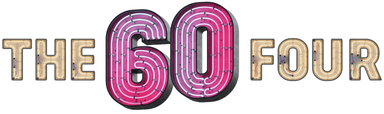 The 60 Four logo in tan and neon pink lettering against a white background.