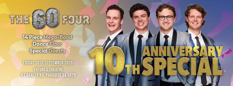 Four men in suits stand smiling against a colourful gradient backdrop, with "60th Anniversary Special" text and "The Swingles" branding visible.