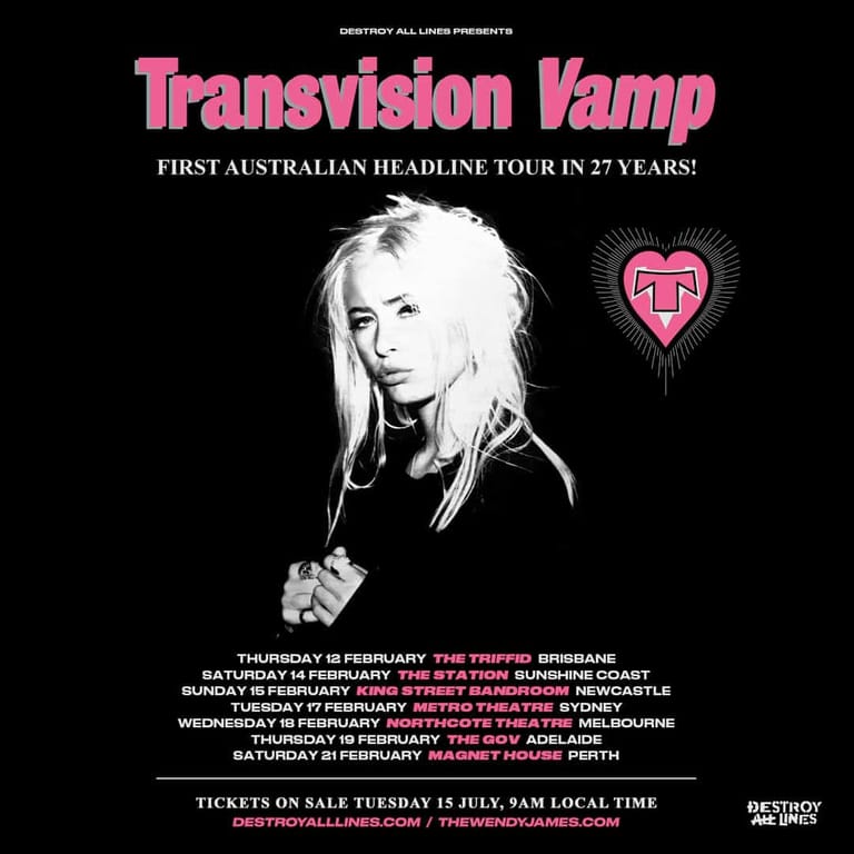 Transvision Vamp promotional poster featuring a performer with platinum blonde hair against a black background, announcing an Australian headline tour.