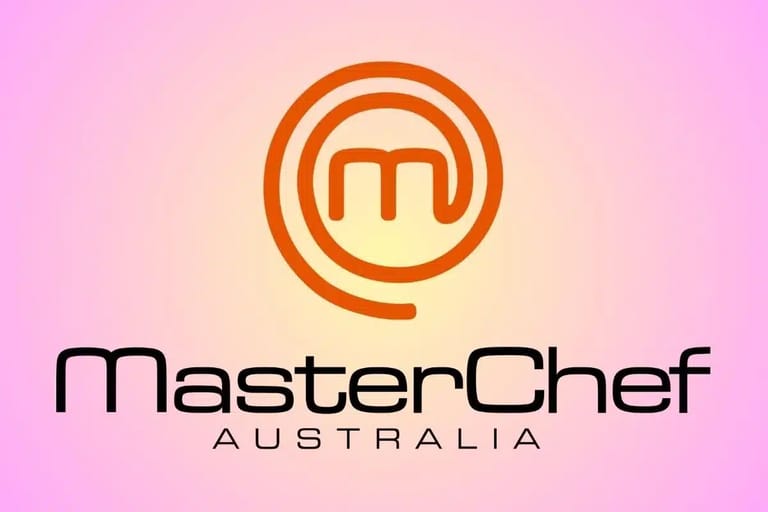 MasterChef Australia logo with orange circular design and text on pink gradient background.