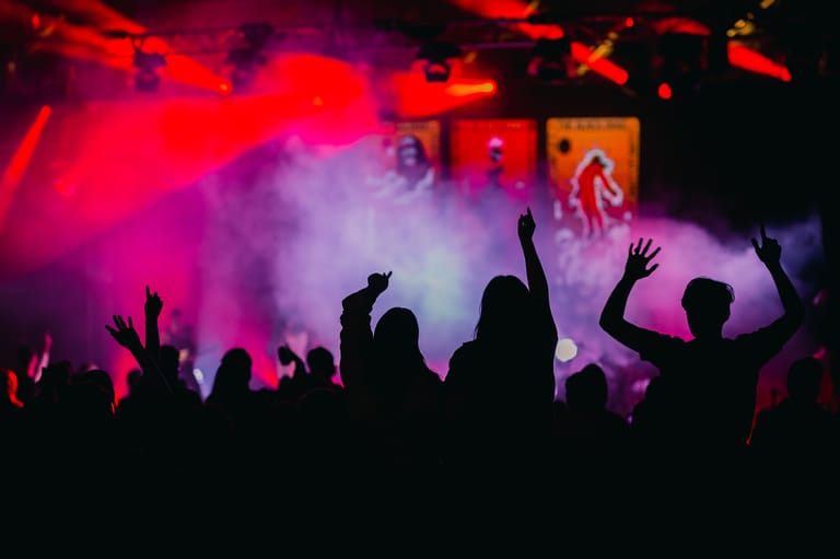 Crowd silhouettes with raised arms bathed in red and purple stage lighting and smoke at a live music event.