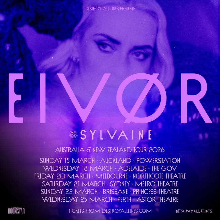 Female performer's face in purple-toned lighting with tour dates for Eivør's Australia and New Zealand 2026 tour listed below.