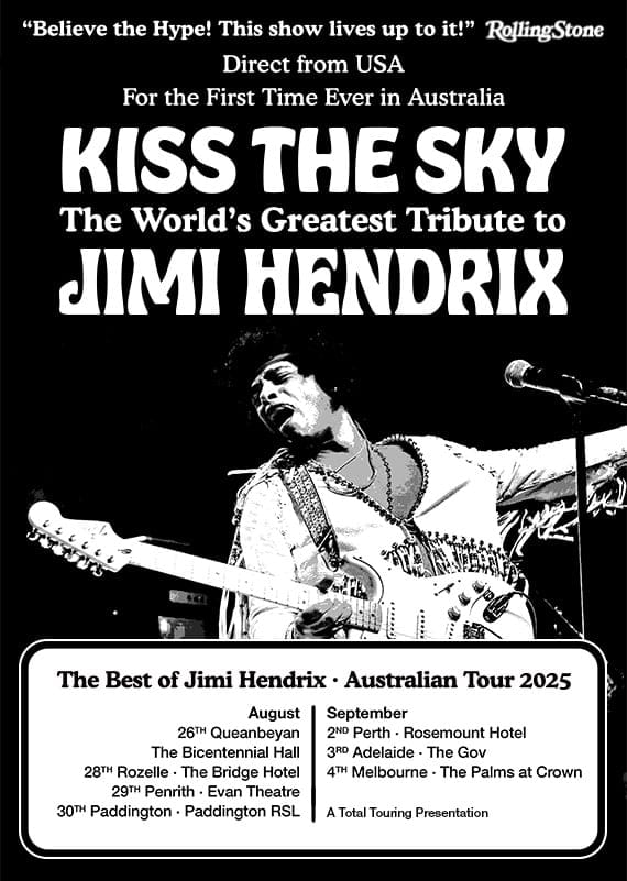 Performer in fringed jacket playing electric guitar on stage during a Jimi Hendrix tribute tour promotional poster.