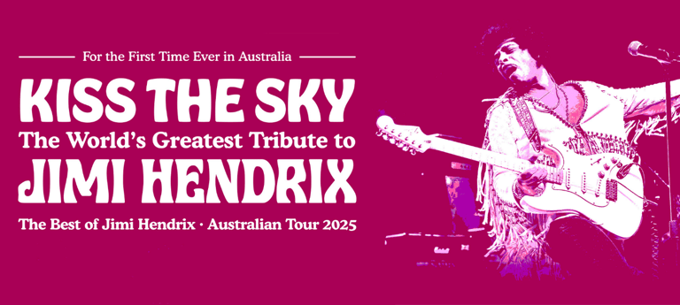 Guitarist performing with electric guitar against magenta background promoting Kiss the Sky, a Jimi Hendrix tribute tour.