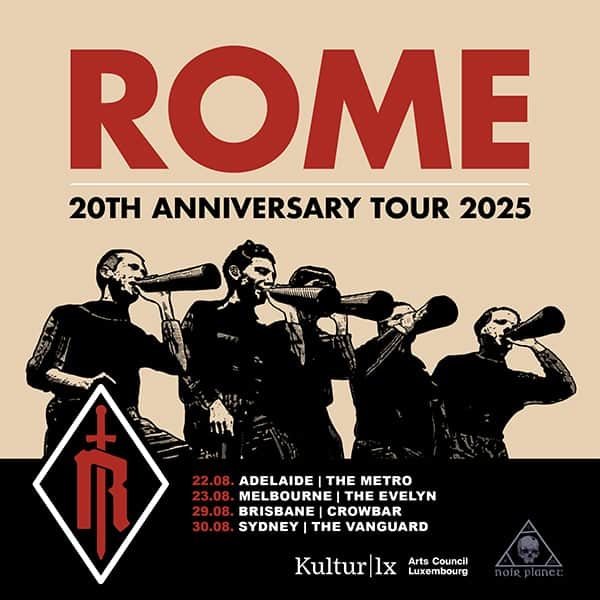Rome band members in silhouette playing brass instruments on a cream background promoting their 20th Anniversary Tour 2025.