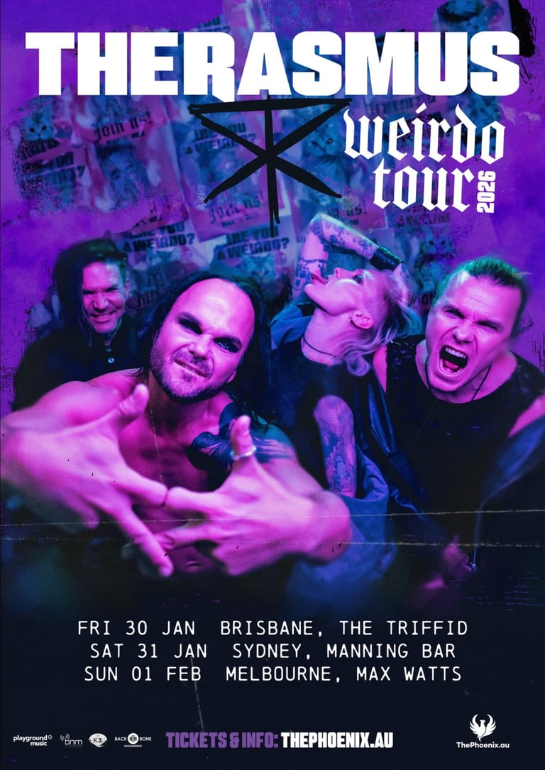 Four band members posed under purple lighting with tour dates for Brisbane, Sydney, and Melbourne listed below.