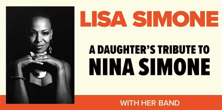 Woman in black and white portrait wearing earrings and holding a Grammy award, with red text announcing "Lisa Simone: A Daughter's Tribute to Nina Simone".