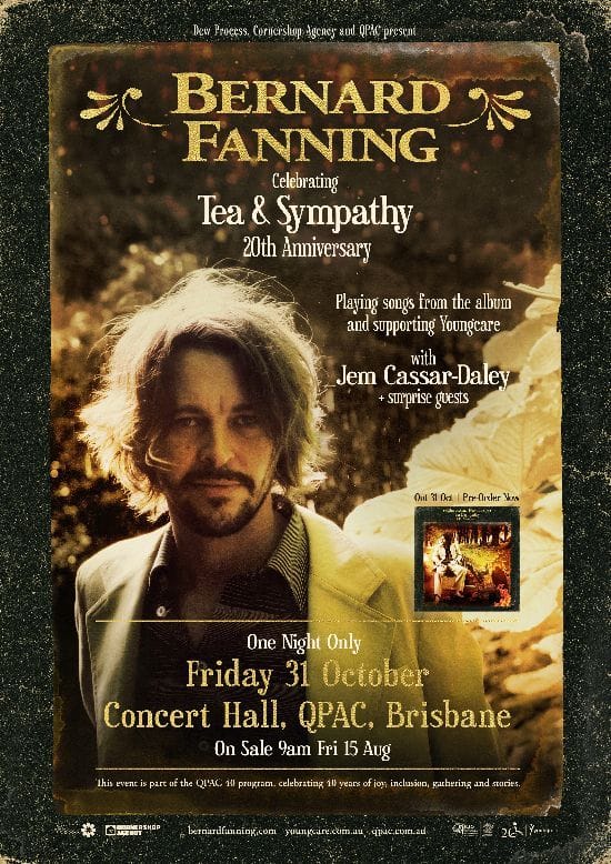 A bearded man with long hair gazes thoughtfully at the camera in warm, golden-toned lighting for a concert tour poster.