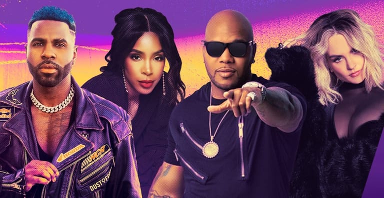 Five performers pose together against a vibrant purple and pink gradient backdrop during a music event.