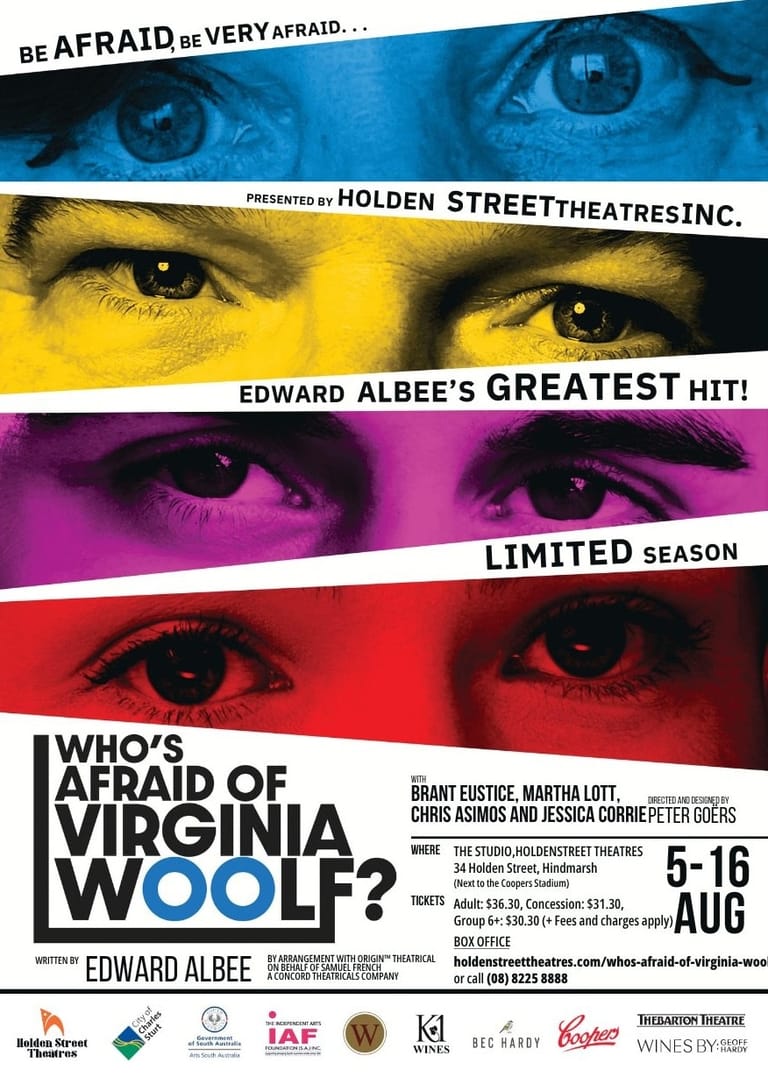 Theatrical poster for Edward Albee's "Who's Afraid of Virginia Woolf?" features bold horizontal colour bands of blue, yellow, purple and red with close-up eyes.