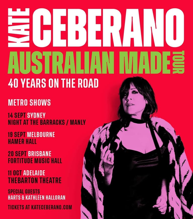 Kate Ceberano in a pop-art style promotional poster against a bright red background with tour dates listed below.