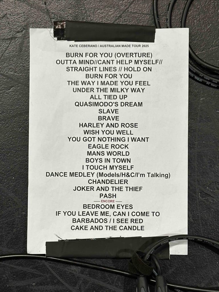 Concert setlist for Kate Ceberano's Australian Made tour printed on white paper against dark background.