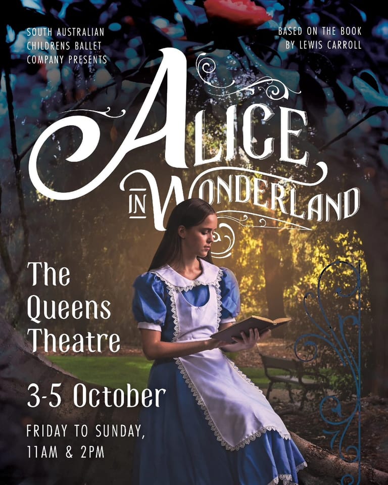 Young dancer in Alice costume stands against fantasy-themed backdrop for South Australian Operas Ballet Company production.