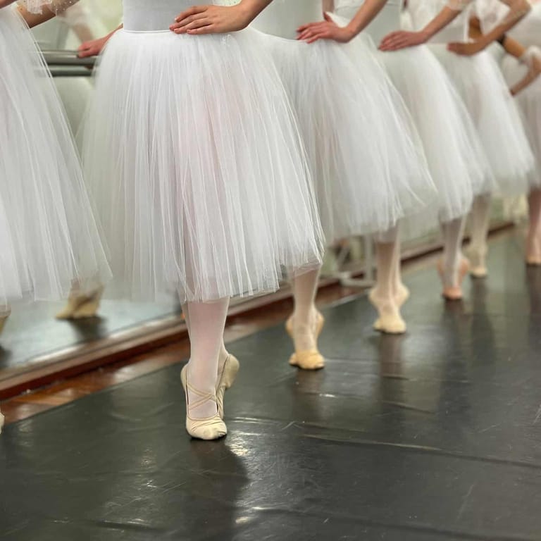 Ballet dancers in pointe shoes and tutus perform in synchronized formation on stage.