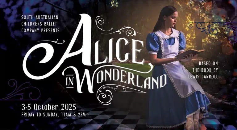 Young performer in blue dress stands before golden tree backdrop for Alice in Wonderland theatrical production.