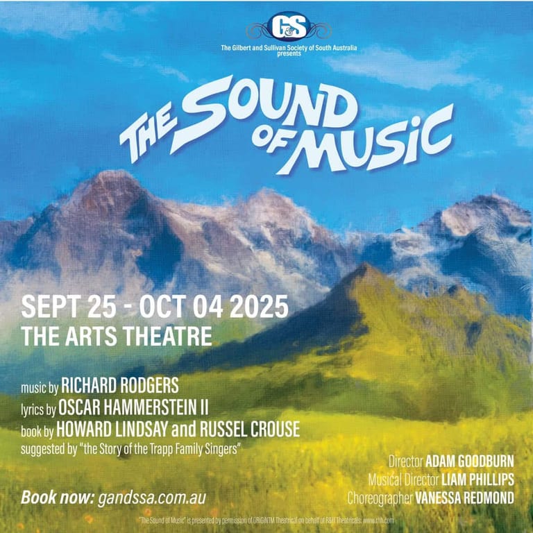 Promotional poster for The Sound of Music theatre production featuring snow-capped mountains against blue sky.