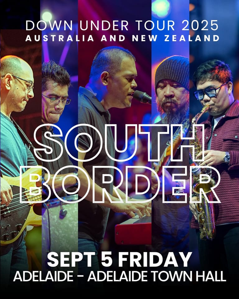 Five band members illuminated by coloured stage lighting during South Border's Down Under Tour 2025 Adelaide performance.