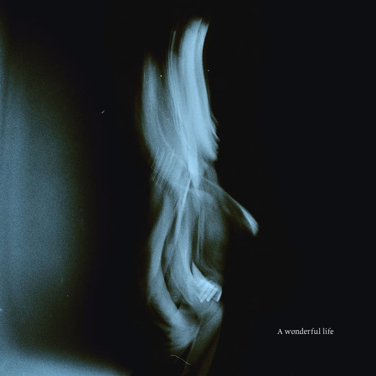 Blurred figure in profile against dark background with text "A wonderful life" in lower right corner.