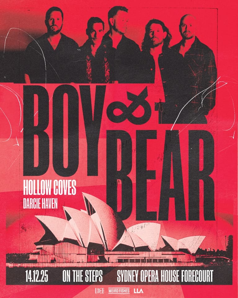 Five band members posed against a vibrant red background with "Boys of Bear" text and Sydney Opera House imagery below.