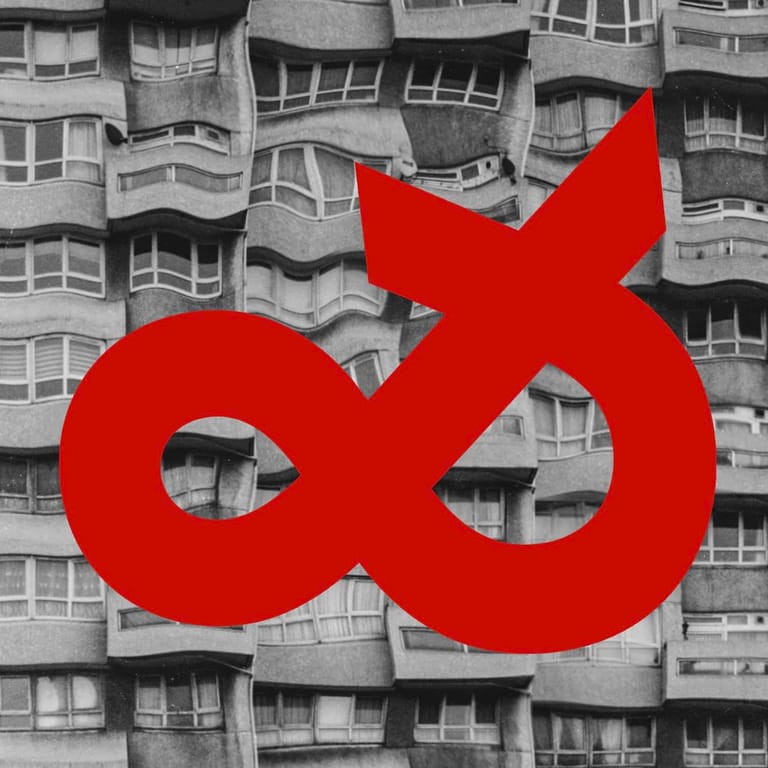 Large red infinity symbol overlaid on brutalist apartment building in black and white.
