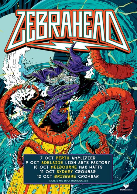 Zebrahead tour poster featuring a stylised character with purple hair and red tentacles against a vibrant turquoise and yellow background.