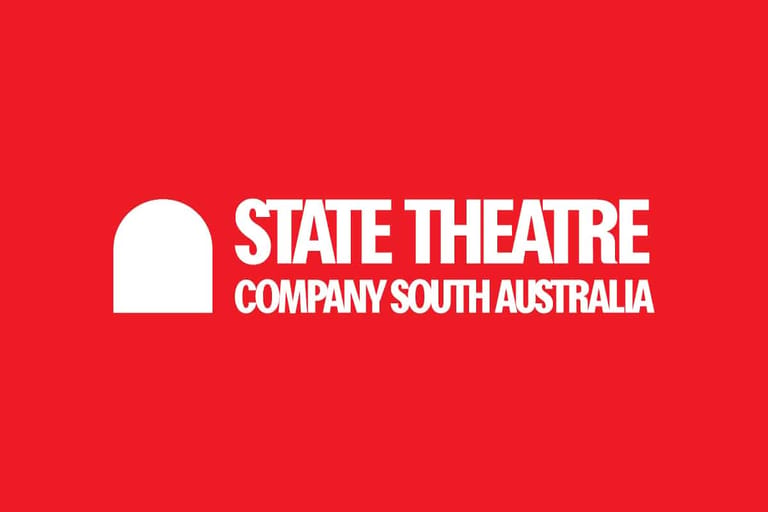 State Theatre Company South Australia logo on bright red background.