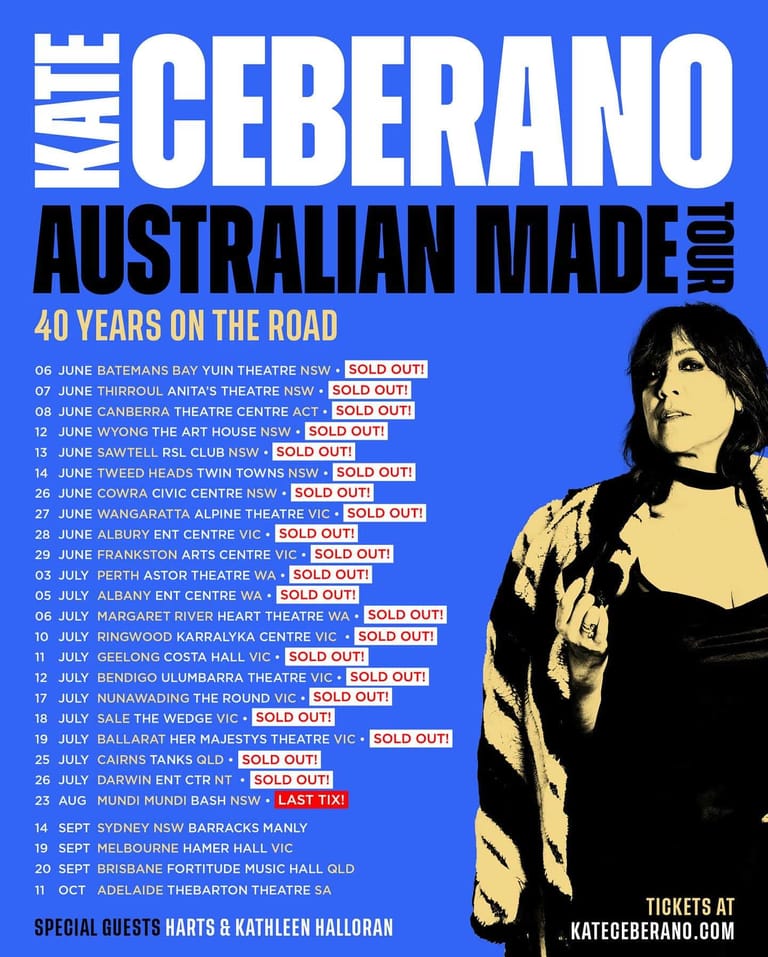 Kate Ceberano's tour poster featuring her name in large white letters and a sepia-toned portrait on a blue background with a nationwide schedule.