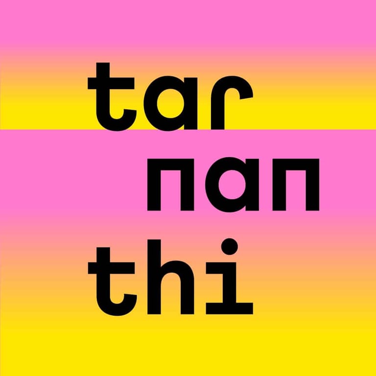 Bold black and magenta text reading "tar nan thi" on a gradient background of pink, yellow and orange stripes.