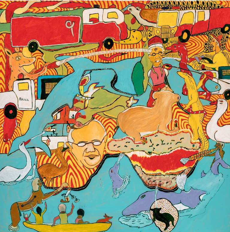 Vibrant illustrated scene depicting a busy beach and water setting with colourful vehicles, people, and animals in warm and cool tones.