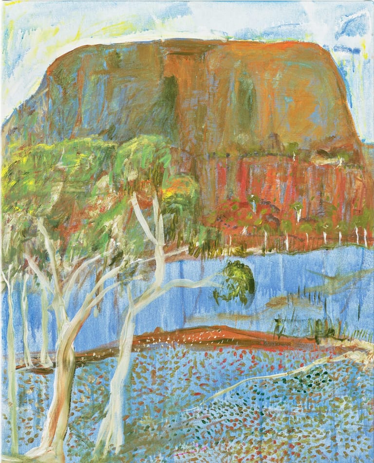Landscape painting depicting a striking ochre cliff face overlooking a river, with white-barked trees and wildflower meadow in the foreground.